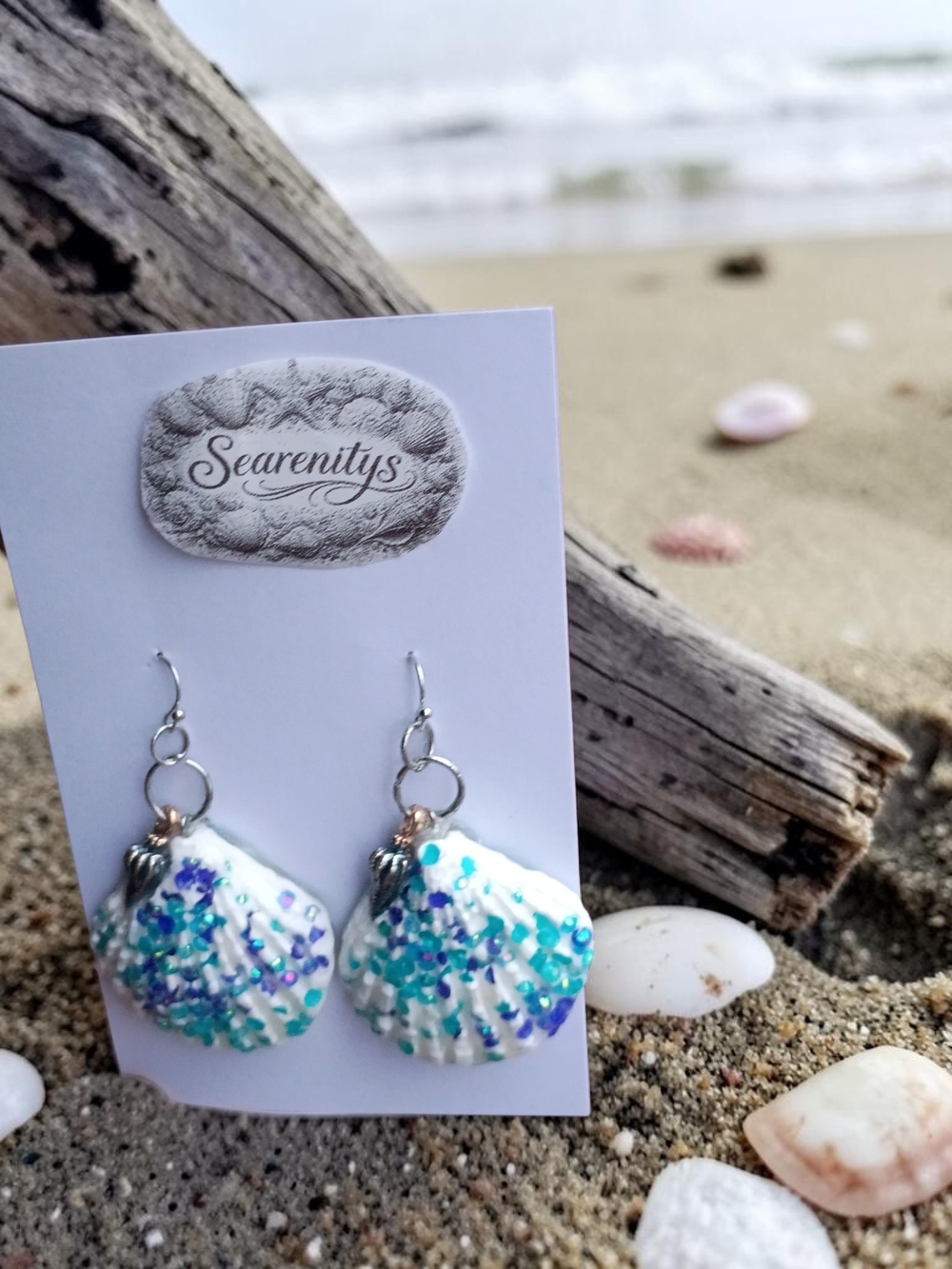 White Seashell Earrings with Blue and Teal Accents
